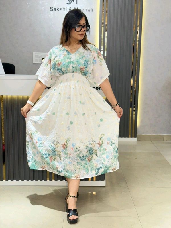 SKU 2042 Beautiful Cotton Dress With V Neck - Free Size M To XXL, Green