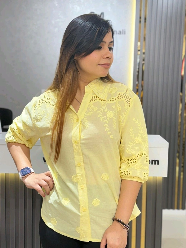 SKU 2068 Beautiful Cotton Shirt With Self Embroidery  - Free Size M To XXL, Yellow