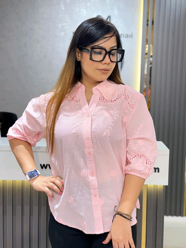 SKU 2068 Beautiful Cotton Shirt With Self Embroidery  - Free Size M To XXL, Pink