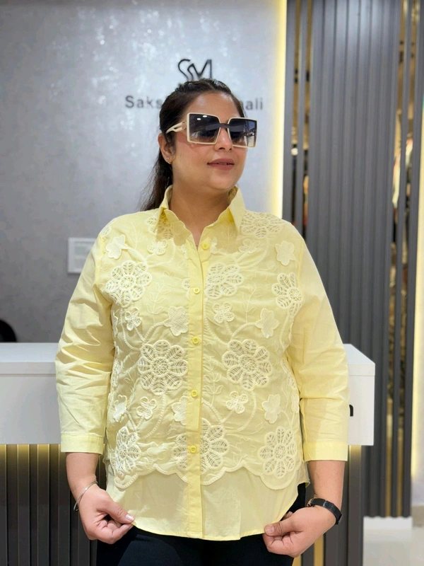 SKU 2069 Beautiful Cotton Shirt With Flower Embroidery  - Free Size M To XXL, Yellow