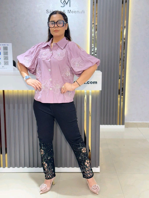 SKU 2066 Beautiful Shirt With Flower - Pink, Free Size M To XL