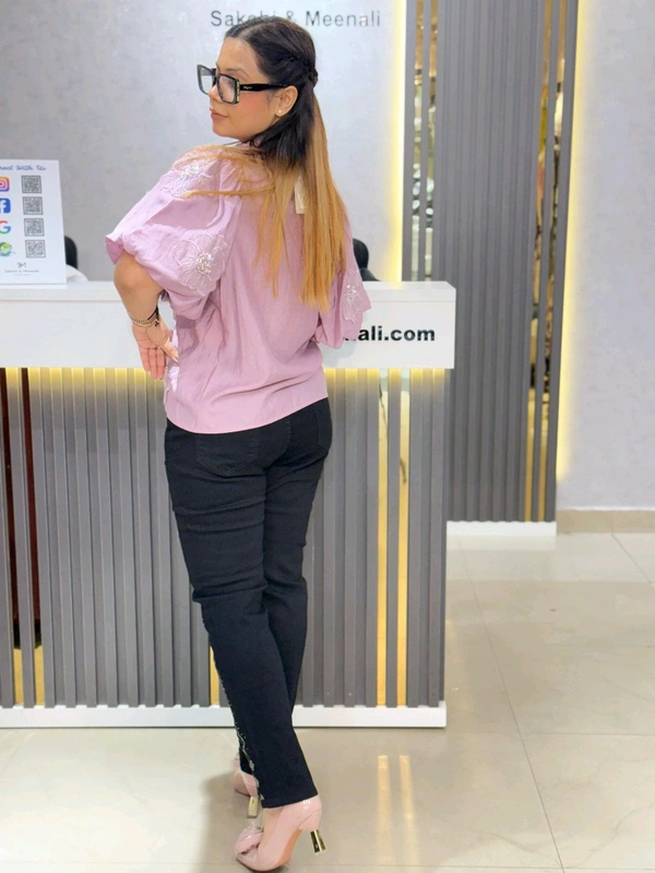 SKU 2066 Beautiful Shirt With Flower - Pink, Free Size M To XL