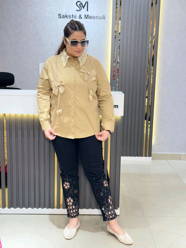 SKU 2070 Beautiful Shirt With Bow Detailing  - Free Size M To XXL, Brown