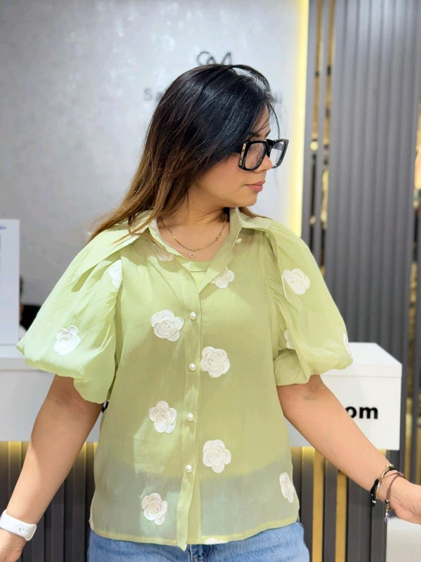 SKU 2071 Beautiful Shirt With Puff Selves  - Green, Free Size M To XL