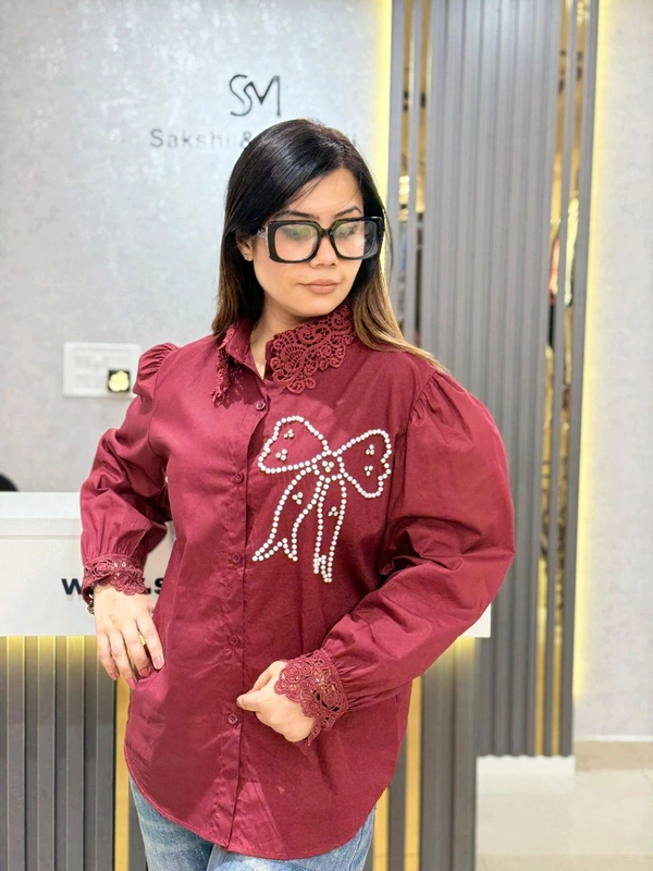 SKU 2072 Beautiful Cotton Shirt With Bow Design  - Maroon, Free Size M To XXL