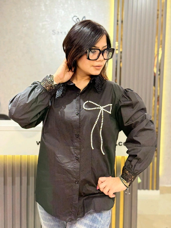 SKU 2072 Beautiful Cotton Shirt With Bow Design  - Free Size M To XXL, Black