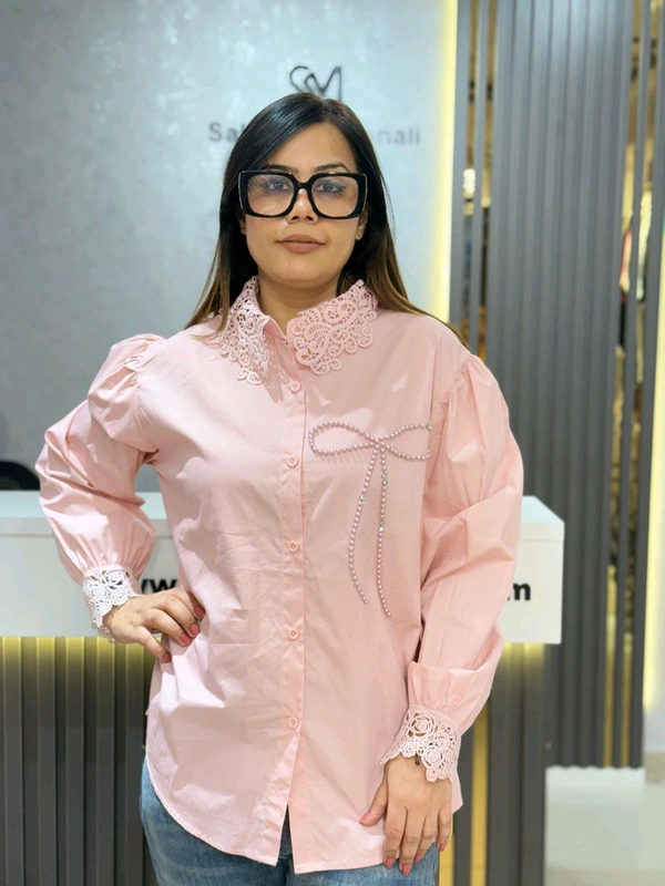 SKU 2072 Beautiful Cotton Shirt With Bow Design  - Free Size M To XXL, Pink