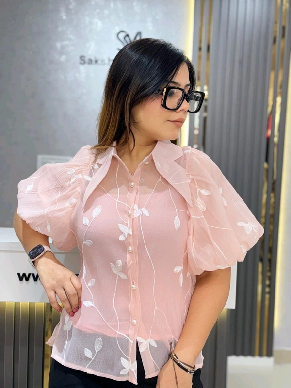 SKU 2073 Beautiful Cotton Shirt With Puff Selves  - Pink, Free Size M To XL