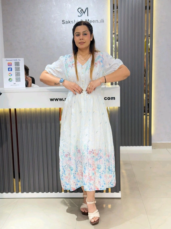 SKU 2053 Beautiful Cotton Dress With Pearl Button  - Free Size M To XL, Blue