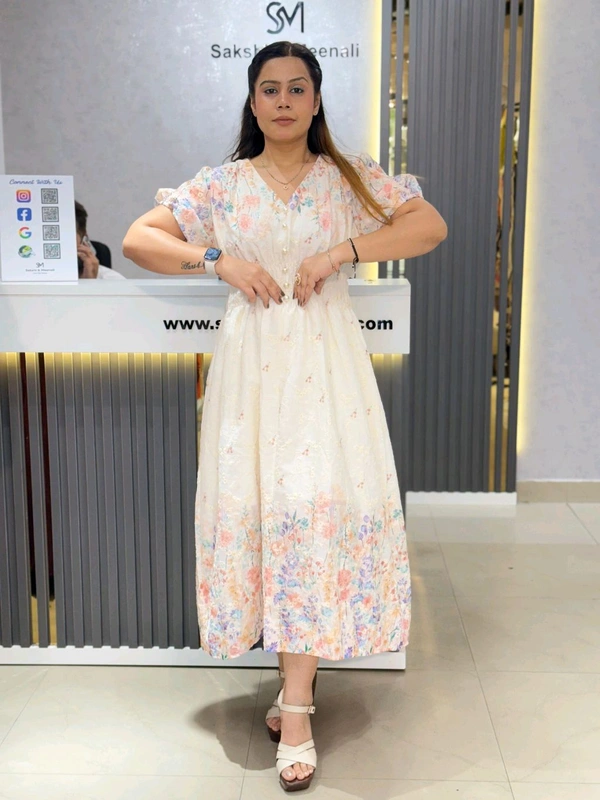 SKU 2053 Beautiful Cotton Dress With Pearl Button  - Free Size M To XL, Blue