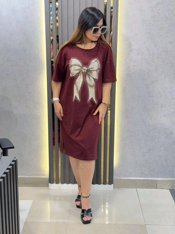 SKU 2078 Beautiful Dress With Bow Detailing  - Free Size M To XXXL, Maroon