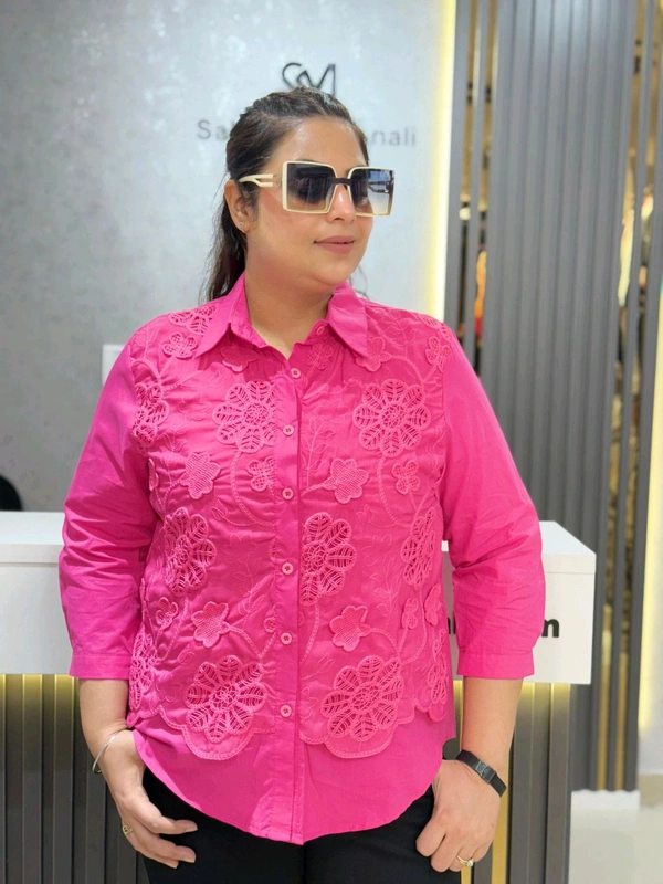 SKU 2069 Beautiful Cotton Shirt With Flower Embroidery  - Free Size M To XXL, Hot Pink