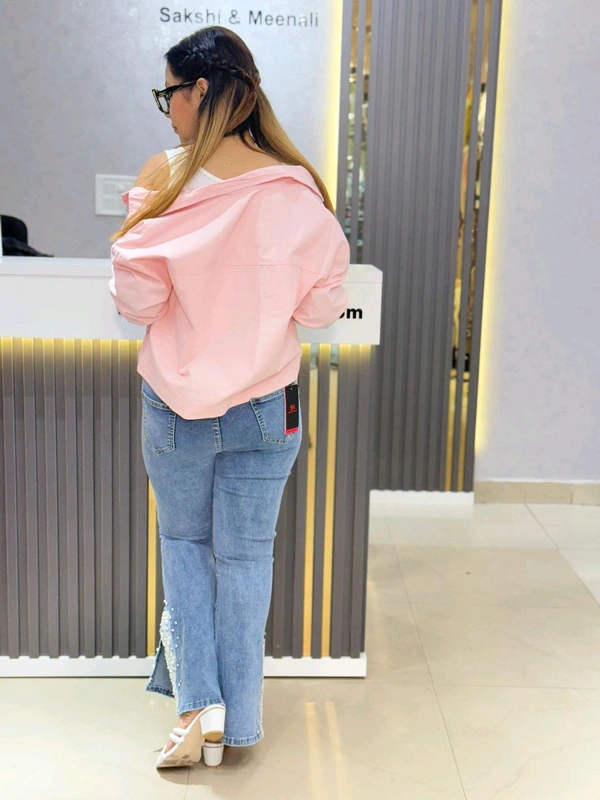 SKU 2074 Beautiful Cotton Denim Shirt With Inner - Free Size M To XL, Pink