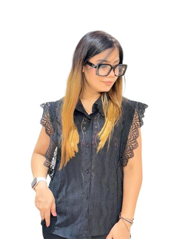 SKU 2065 Elegant Cotton Top With Lace Collar  - Free Size M To XXXL, Blue