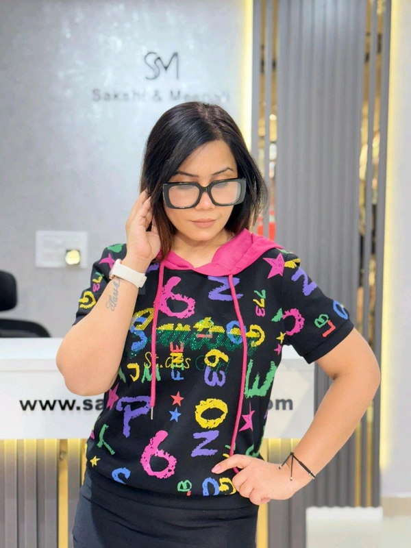 SKU 2087 Beautiful Tee With Hoodie  - Black, Free Size M To XL