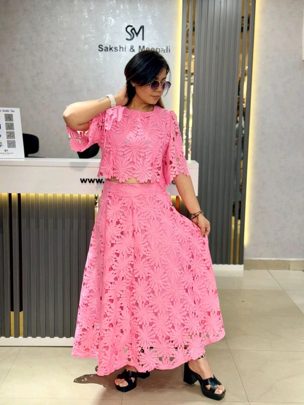 SKU 2091 Beautiful Skirt Top With Hakoba Detailing  - Free Size M To XXL, Pink