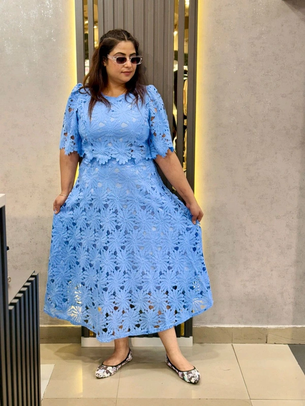 SKU 2091 Beautiful Skirt Top With Hakoba Detailing  - Free Size M To XXL, Blue