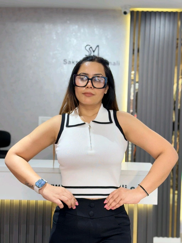SKU 2094 Beautiful Knitted Top With Zip Design  - Free Size M To XL, White