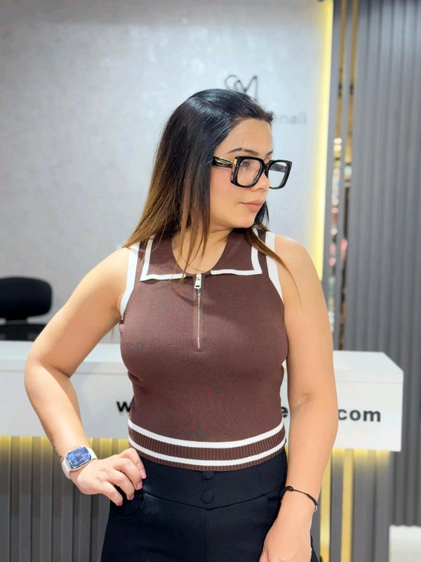 SKU 2094 Beautiful Knitted Top With Zip Design  - Free Size M To XL, Brown