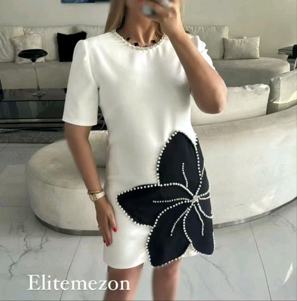 SKU 2098 Beautiful Dress With Flower Design  - White, Free Size M To Xl