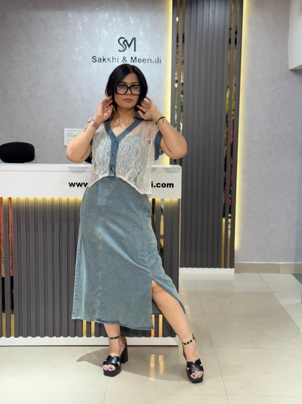 SKU 2110 Beautiful Dress With Flower Design  - Free Size M To Xl, Denim