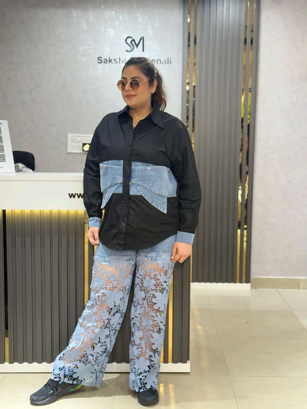 SKU 2100 Beautiful Denim Shirt With Bow - Black, Free Size M To 3xl