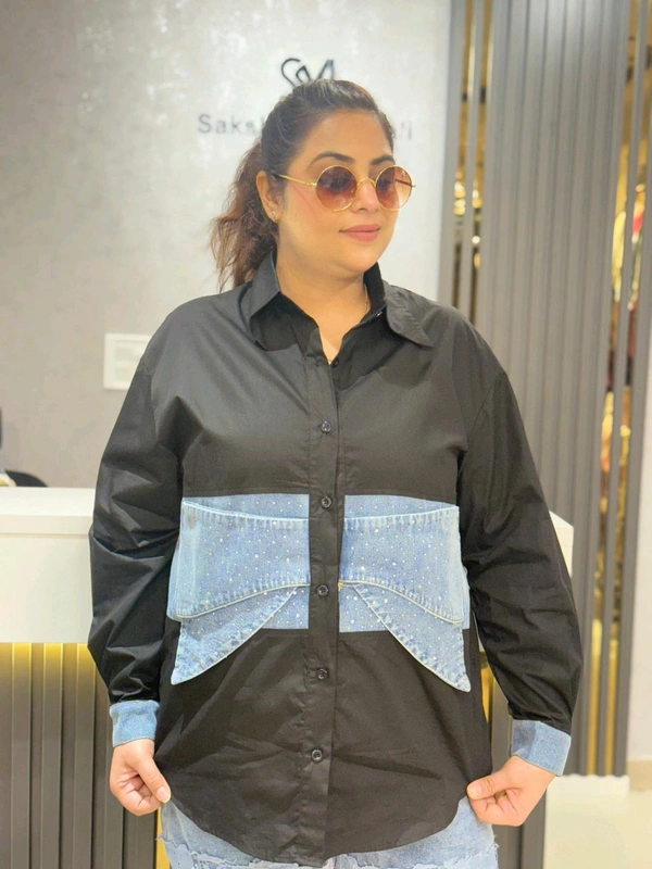 SKU 2100 Beautiful Denim Shirt With Bow - Black, Free Size M To 3xl