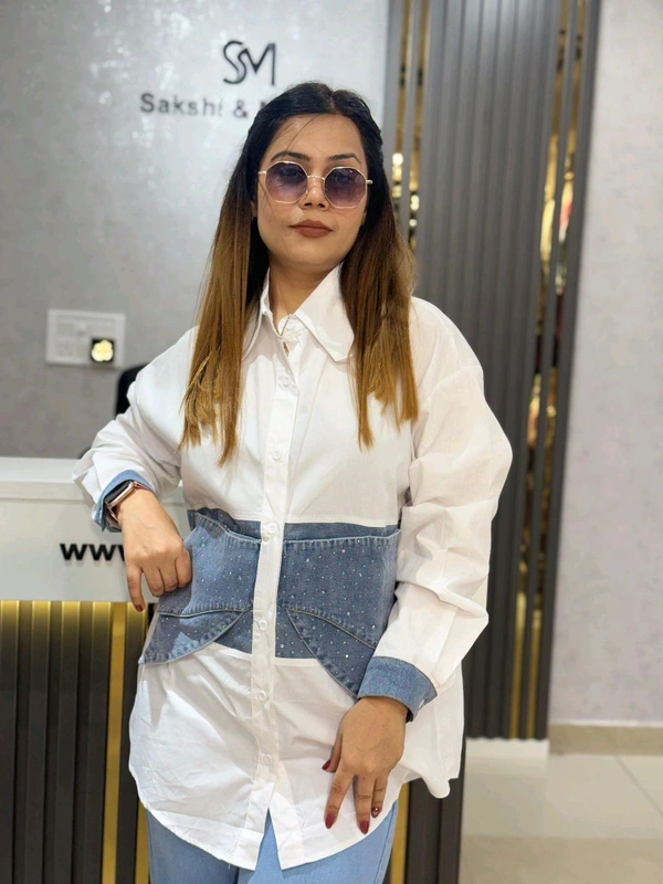 SKU 2100 Beautiful Denim Shirt With Bow  - Free Size M To 3xl, White