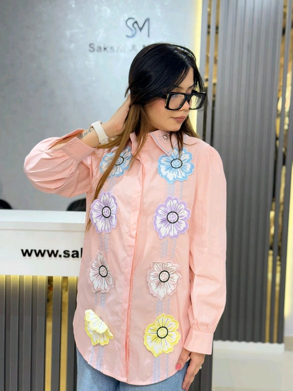 SKU 2102 Beautiful Cotton Shirt  With 3D Flower  - Free Size S To L, Peach