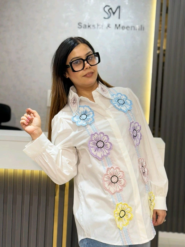 SKU 2102 Beautiful Cotton Shirt  With 3D Flower  - Free Size S To L, White