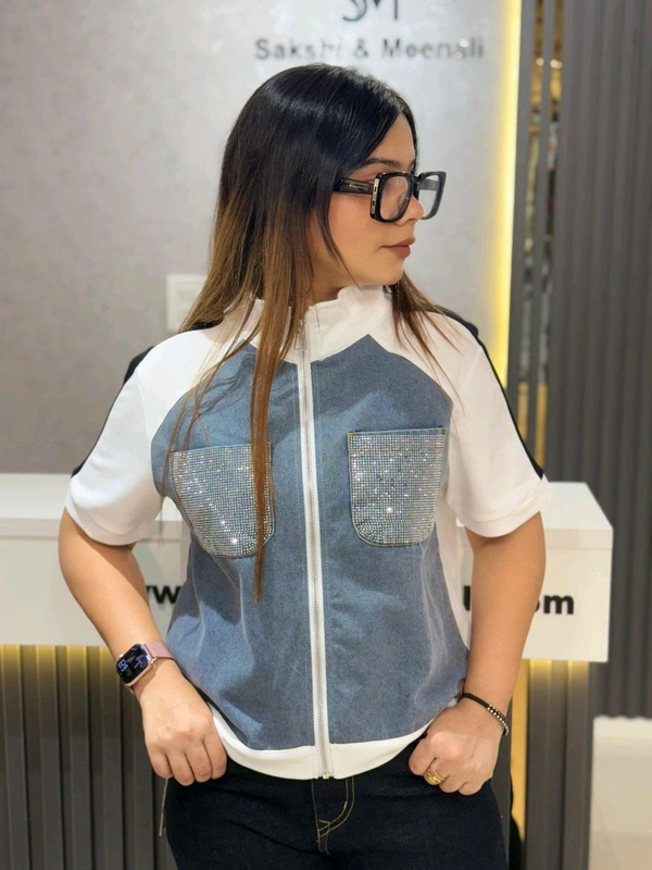 SKU 2103 Beautiful Shacket With Rhinestone Pocket - White, Free Size M To Xl