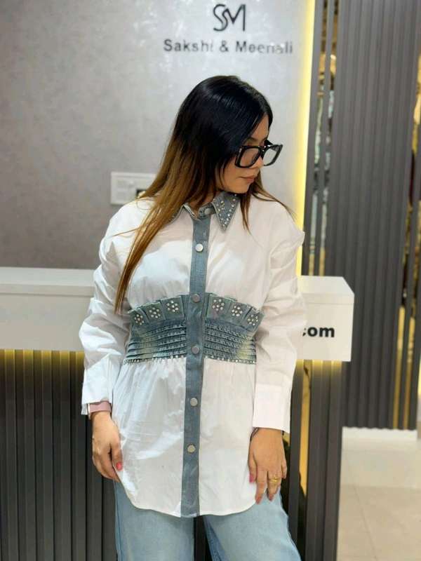 SKU 2105 Beautiful Denim Shirt With Frill Design  - White, Free Size M To XL