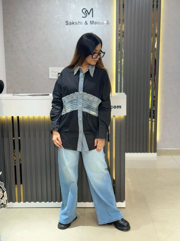 SKU 2105 Beautiful Denim Shirt With Frill Design  - Free Size M To XL, Black