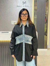SKU 2105 Beautiful Denim Shirt With Frill Design  - Free Size M To XL, Black
