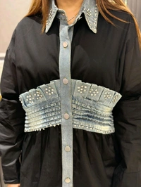 SKU 2105 Beautiful Denim Shirt With Frill Design  - Free Size M To XL, Black
