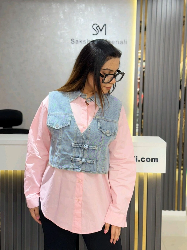 SKU 2107 Beautiful Denim Shirt With Attach Jacket  - Free Size M To XXL, Pink