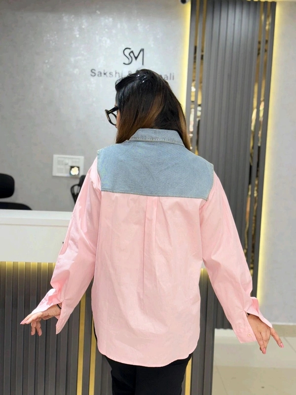 SKU 2107 Beautiful Denim Shirt With Attach Jacket  - Free Size M To XXL, Pink