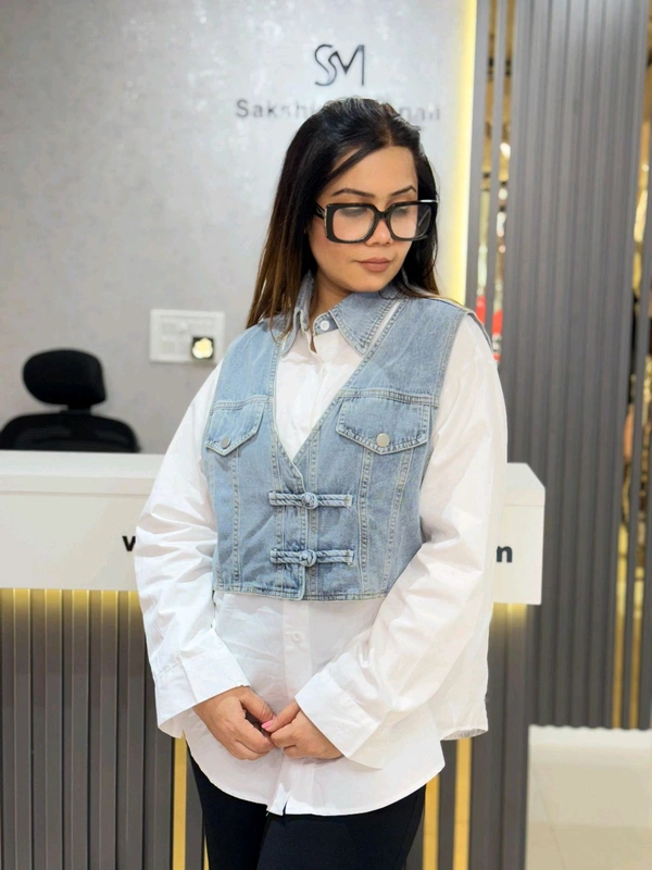 SKU 2107 Beautiful Denim Shirt With Attach Jacket  - Free Size M To XXL, White