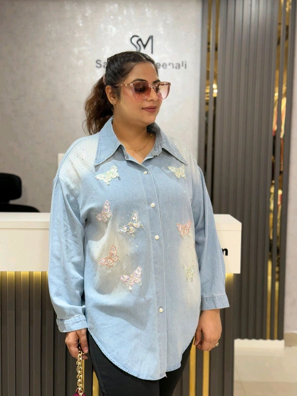 SKU 2099 Beautiful Denim Shirt With Lace And Stud - Blue, Free Size L To 4xl