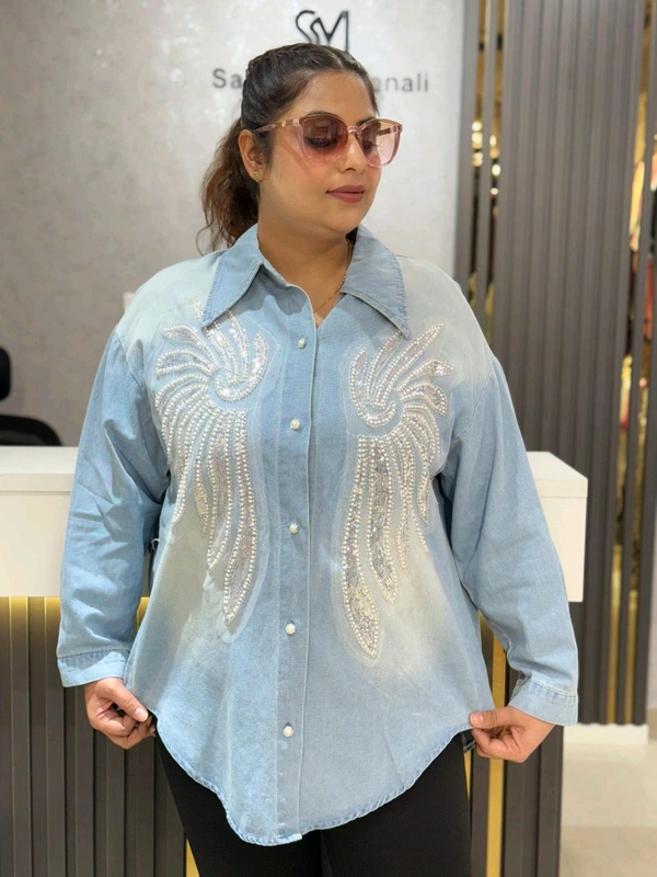 SKU 2099 Beautiful Denim Shirt With Lace And Stud - Blue, Free Size L To 4xl