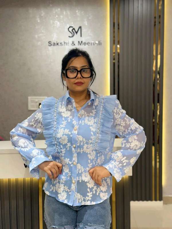 SKU 2113 Beautiful Shirt With Embroidery And Stud - Free Size M To Xl, Blue