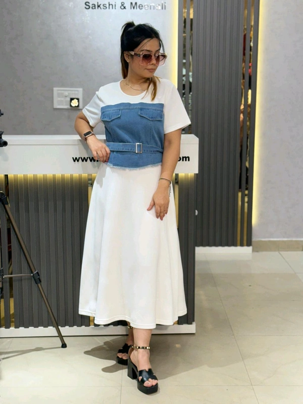 SKU 2112 Beautiful Denim Dress - Free Size M To Xl, White
