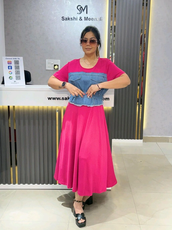 SKU 2112 Beautiful Denim Dress - Free Size M To Xl, Pink