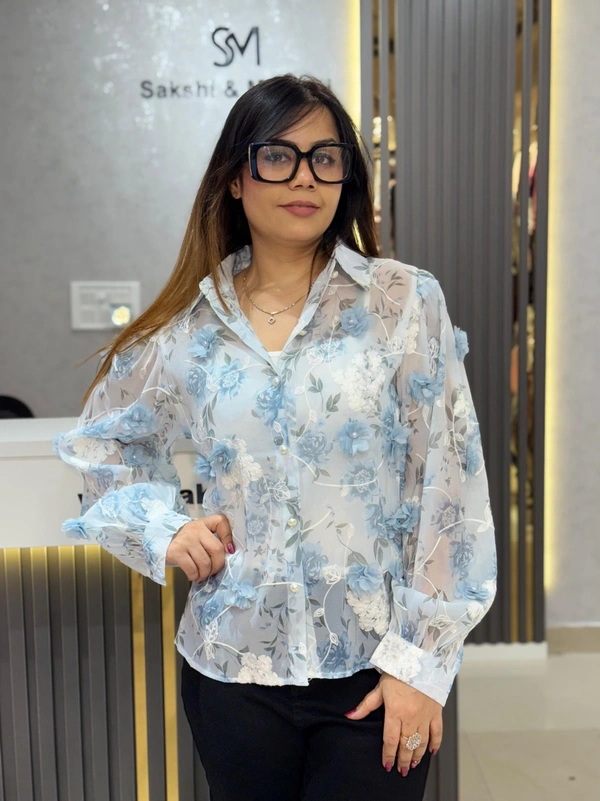 SKU 2114 Beautiful 2 Piece Shirt With 3D Flower - Free Size M To Xl, Blue