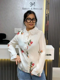 SKU 2116 Beautiful 2 Piece Shirt With 3D Flower Button - Free Size M To Xl, White