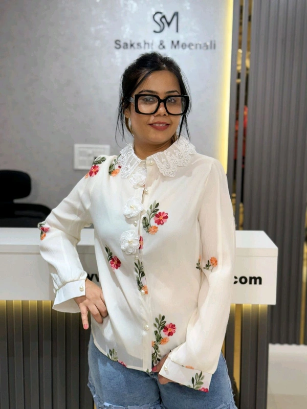 SKU 2116 Beautiful 2 Piece Shirt With 3D Flower Button - Free Size M To Xl, White