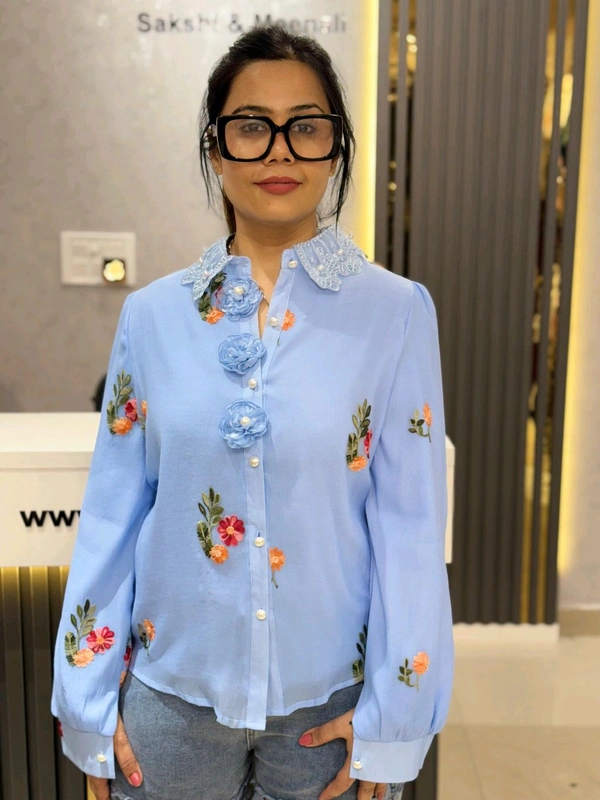 SKU 2116 Beautiful 2 Piece Shirt With 3D Flower Button - Free Size M To Xl, Blue