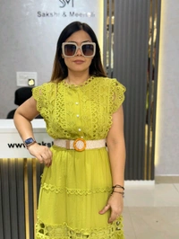 SKU 2120 Elegant Dress With Lace Detailing And Belt - Free Size M To Xl, Green