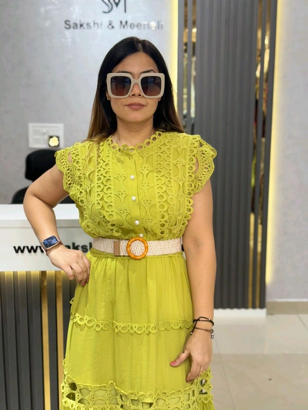 SKU 2120 Elegant Dress With Lace Detailing And Belt - Free Size M To Xl, Green