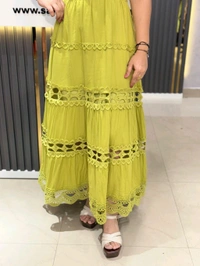 SKU 2120 Elegant Dress With Lace Detailing And Belt - Free Size M To Xl, Green